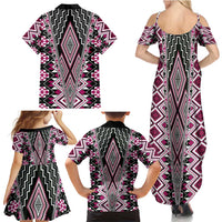 Pink Aotearoa Tukutuku and Poutama Motif Family Matching Summer Maxi Dress and Hawaiian Shirt LT03 - Polynesian Pride