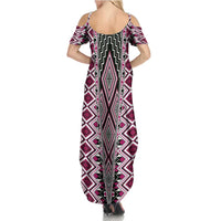 Pink Aotearoa Tukutuku and Poutama Motif Family Matching Summer Maxi Dress and Hawaiian Shirt LT03 - Polynesian Pride