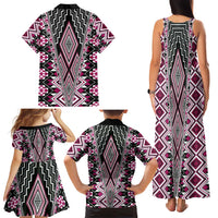 Pink Aotearoa Tukutuku and Poutama Motif Family Matching Tank Maxi Dress and Hawaiian Shirt LT03 - Polynesian Pride