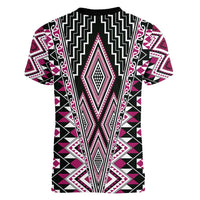 Pink Aotearoa Tukutuku and Poutama Motif Women V-Neck T-Shirt LT03 - Polynesian Pride