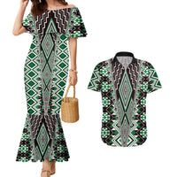 Green Aotearoa Tukutuku and Poutama Motif Couples Matching Mermaid Dress and Hawaiian Shirt LT03 Green - Polynesian Pride