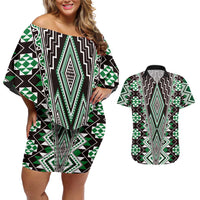 Green Aotearoa Tukutuku and Poutama Motif Couples Matching Off Shoulder Short Dress and Hawaiian Shirt LT03 Green - Polynesian Pride