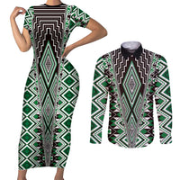 Green Aotearoa Tukutuku and Poutama Motif Couples Matching Short Sleeve Bodycon Dress and Long Sleeve Button Shirt LT03 Green - Polynesian Pride