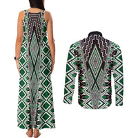 Green Aotearoa Tukutuku and Poutama Motif Couples Matching Tank Maxi Dress and Long Sleeve Button Shirt LT03 - Polynesian Pride
