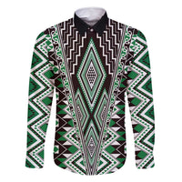 Green Aotearoa Tukutuku and Poutama Motif Family Matching Long Sleeve Bodycon Dress and Hawaiian Shirt LT03 Dad's Shirt - Long Sleeve Green - Polynesian Pride