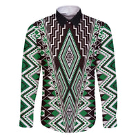 Green Aotearoa Tukutuku and Poutama Motif Family Matching Off The Shoulder Long Sleeve Dress and Hawaiian Shirt LT03 Dad's Shirt - Long Sleeve Green - Polynesian Pride