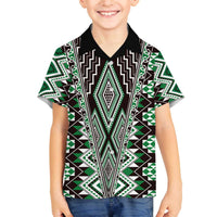 Green Aotearoa Tukutuku and Poutama Motif Family Matching Off The Shoulder Long Sleeve Dress and Hawaiian Shirt LT03 Son's Shirt Green - Polynesian Pride