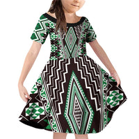 Green Aotearoa Tukutuku and Poutama Motif Family Matching Off Shoulder Short Dress and Hawaiian Shirt LT03 Daughter's Dress Green - Polynesian Pride