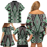Green Aotearoa Tukutuku and Poutama Motif Family Matching Off Shoulder Short Dress and Hawaiian Shirt LT03 - Polynesian Pride