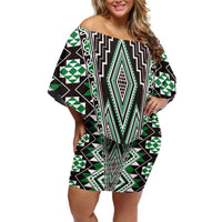 Green Aotearoa Tukutuku and Poutama Motif Family Matching Off Shoulder Short Dress and Hawaiian Shirt LT03 Mom's Dress Green - Polynesian Pride
