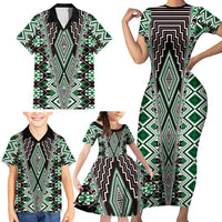 Green Aotearoa Tukutuku and Poutama Motif Family Matching Short Sleeve Bodycon Dress and Hawaiian Shirt LT03 - Polynesian Pride