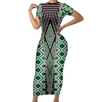 Green Aotearoa Tukutuku and Poutama Motif Short Sleeve Bodycon Dress LT03 Long Dress Green - Polynesian Pride