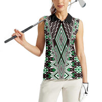 Green Aotearoa Tukutuku and Poutama Motif Women Sleeveless Polo Shirt LT03 - Polynesian Pride