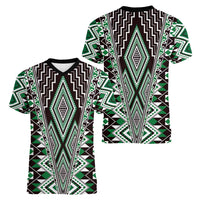 Green Aotearoa Tukutuku and Poutama Motif Women V-Neck T-Shirt LT03 - Polynesian Pride