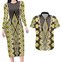 Yellow Aotearoa Tukutuku and Poutama Motif Couples Matching Long Sleeve Bodycon Dress and Hawaiian Shirt LT03 Yellow - Polynesian Pride