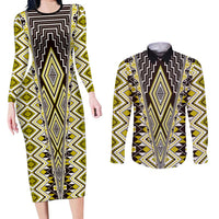 Yellow Aotearoa Tukutuku and Poutama Motif Couples Matching Long Sleeve Bodycon Dress and Long Sleeve Button Shirt LT03 Yellow - Polynesian Pride