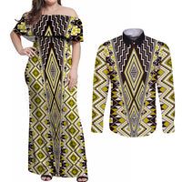 Yellow Aotearoa Tukutuku and Poutama Motif Couples Matching Off Shoulder Maxi Dress and Long Sleeve Button Shirt LT03 Yellow - Polynesian Pride
