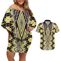 Yellow Aotearoa Tukutuku and Poutama Motif Couples Matching Off Shoulder Short Dress and Hawaiian Shirt LT03 Yellow - Polynesian Pride
