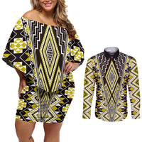Yellow Aotearoa Tukutuku and Poutama Motif Couples Matching Off Shoulder Short Dress and Long Sleeve Button Shirt LT03 Yellow - Polynesian Pride