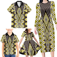 Yellow Aotearoa Tukutuku and Poutama Motif Family Matching Long Sleeve Bodycon Dress and Hawaiian Shirt LT03 - Polynesian Pride