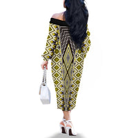 Yellow Aotearoa Tukutuku and Poutama Motif Family Matching Off The Shoulder Long Sleeve Dress and Hawaiian Shirt LT03 - Polynesian Pride