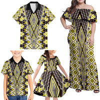 Yellow Aotearoa Tukutuku and Poutama Motif Family Matching Off Shoulder Maxi Dress and Hawaiian Shirt LT03 - Polynesian Pride