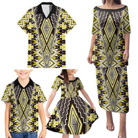 Yellow Aotearoa Tukutuku and Poutama Motif Family Matching Puletasi and Hawaiian Shirt LT03 - Polynesian Pride
