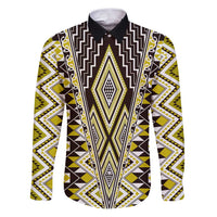 Yellow Aotearoa Tukutuku and Poutama Motif Family Matching Puletasi and Hawaiian Shirt LT03 Dad's Shirt - Long Sleeve Yellow - Polynesian Pride