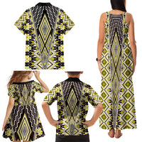 Yellow Aotearoa Tukutuku and Poutama Motif Family Matching Tank Maxi Dress and Hawaiian Shirt LT03 - Polynesian Pride