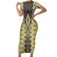 Yellow Aotearoa Tukutuku and Poutama Motif Short Sleeve Bodycon Dress LT03 Long Dress Yellow - Polynesian Pride