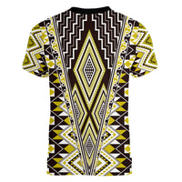 Yellow Aotearoa Tukutuku and Poutama Motif Women V-Neck T-Shirt LT03 - Polynesian Pride