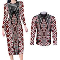 Red Aotearoa Tukutuku and Poutama Motif Couples Matching Long Sleeve Bodycon Dress and Long Sleeve Button Shirt LT03 Red - Polynesian Pride