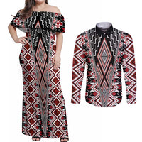 Red Aotearoa Tukutuku and Poutama Motif Couples Matching Off Shoulder Maxi Dress and Long Sleeve Button Shirt LT03 Red - Polynesian Pride