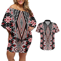 Red Aotearoa Tukutuku and Poutama Motif Couples Matching Off Shoulder Short Dress and Hawaiian Shirt LT03 Red - Polynesian Pride