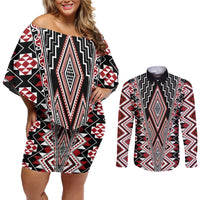Red Aotearoa Tukutuku and Poutama Motif Couples Matching Off Shoulder Short Dress and Long Sleeve Button Shirt LT03 Red - Polynesian Pride
