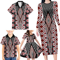 Red Aotearoa Tukutuku and Poutama Motif Family Matching Long Sleeve Bodycon Dress and Hawaiian Shirt LT03 - Polynesian Pride