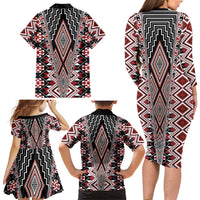 Red Aotearoa Tukutuku and Poutama Motif Family Matching Long Sleeve Bodycon Dress and Hawaiian Shirt LT03 - Polynesian Pride