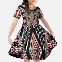 Red Aotearoa Tukutuku and Poutama Motif Family Matching Puletasi and Hawaiian Shirt LT03 Daughter's Dress Red - Polynesian Pride