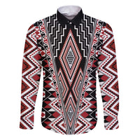Red Aotearoa Tukutuku and Poutama Motif Family Matching Puletasi and Hawaiian Shirt LT03 Dad's Shirt - Long Sleeve Red - Polynesian Pride