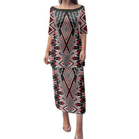 Red Aotearoa Tukutuku and Poutama Motif Family Matching Puletasi and Hawaiian Shirt LT03 Mom's Dress Red - Polynesian Pride