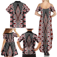 Red Aotearoa Tukutuku and Poutama Motif Family Matching Summer Maxi Dress and Hawaiian Shirt LT03 - Polynesian Pride