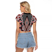 Red Aotearoa Tukutuku and Poutama Motif Raglan Cropped T Shirt