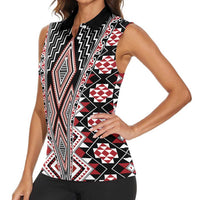 Red Aotearoa Tukutuku and Poutama Motif Women Sleeveless Polo Shirt LT03 - Polynesian Pride
