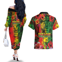 Hawaiian Reggae Couples Matching Off The Shoulder Long Sleeve Dress and Hawaiian Shirt Tropical Plants and Tribal Kakau Tattoo-One Love Jawaiian