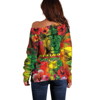 Hawaiian Reggae Off Shoulder Sweater Tropical Plants and Tribal Kakau Tattoo-One Love Jawaiian LT03 - Polynesian Pride