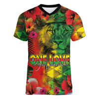 Hawaiian Reggae Women V-Neck T-Shirt Tropical Plants and Tribal Kakau Tattoo-One Love Jawaiian LT03 Female Reggae - Polynesian Pride