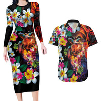 Hawaiian Lei Day Couples Matching Long Sleeve Bodycon Dress and Hawaiian Shirt Colorful Plumeria and Volcanic Turtle with Abstract Lava Texture LT03 Black - Polynesian Pride