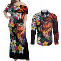 Hawaiian Lei Day Couples Matching Off Shoulder Maxi Dress and Long Sleeve Button Shirt Colorful Plumeria and Volcanic Turtle with Abstract Lava Texture LT03 Black - Polynesian Pride