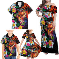Hawaiian Lei Day Family Matching Off Shoulder Maxi Dress and Hawaiian Shirt Colorful Plumeria and Volcanic Turtle with Abstract Lava Texture LT03 - Polynesian Pride