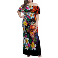 Hawaiian Lei Day Family Matching Off Shoulder Maxi Dress and Hawaiian Shirt Colorful Plumeria and Volcanic Turtle with Abstract Lava Texture LT03 Mom's Dress Black - Polynesian Pride